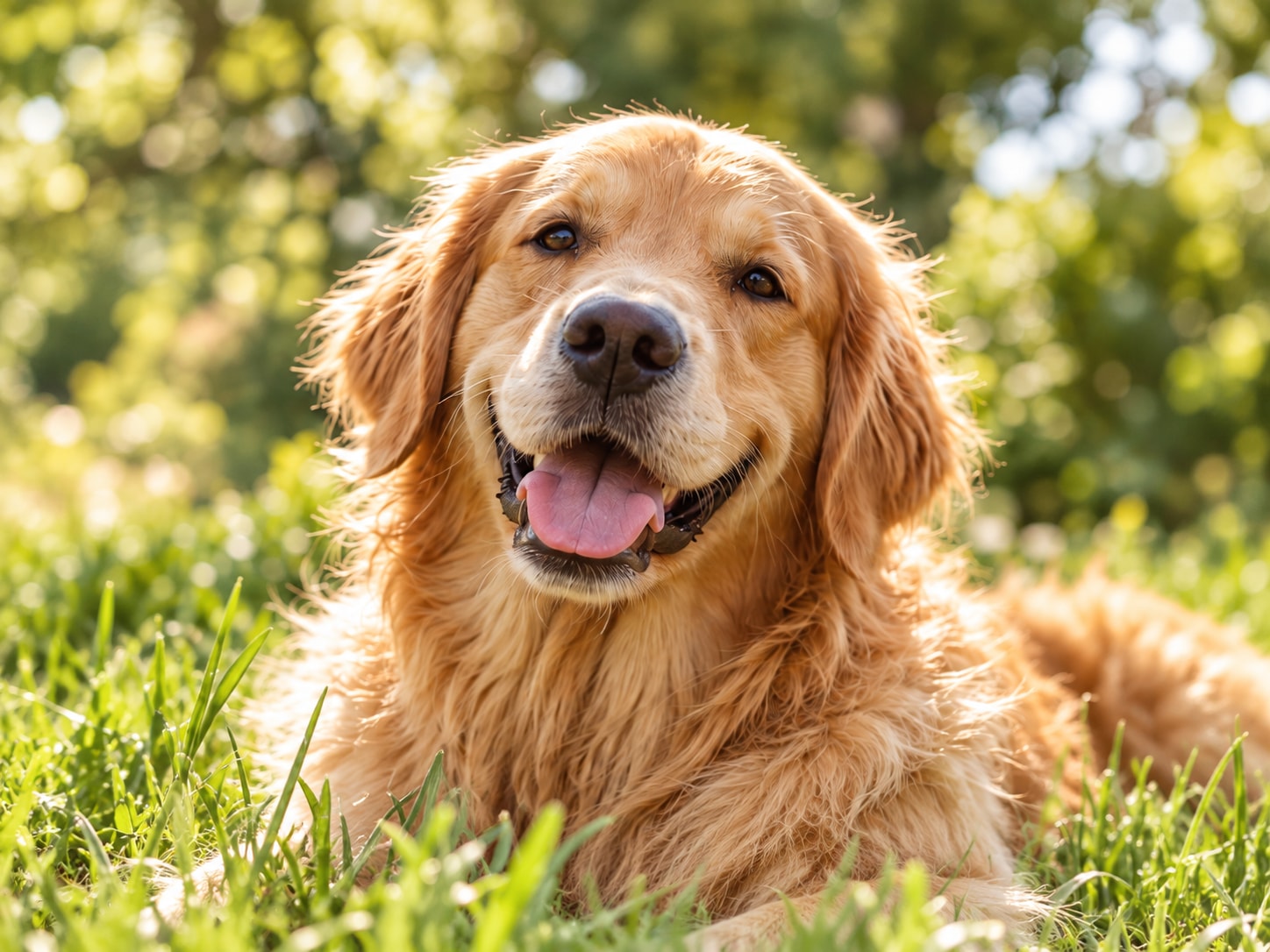 A relaxed golden retriever enjoying warm sunshine outdoors.